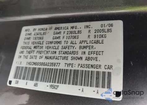 2006 Honda Accord Ex z USA, uszkodzony, nr VIN 1HGCM66586A035977